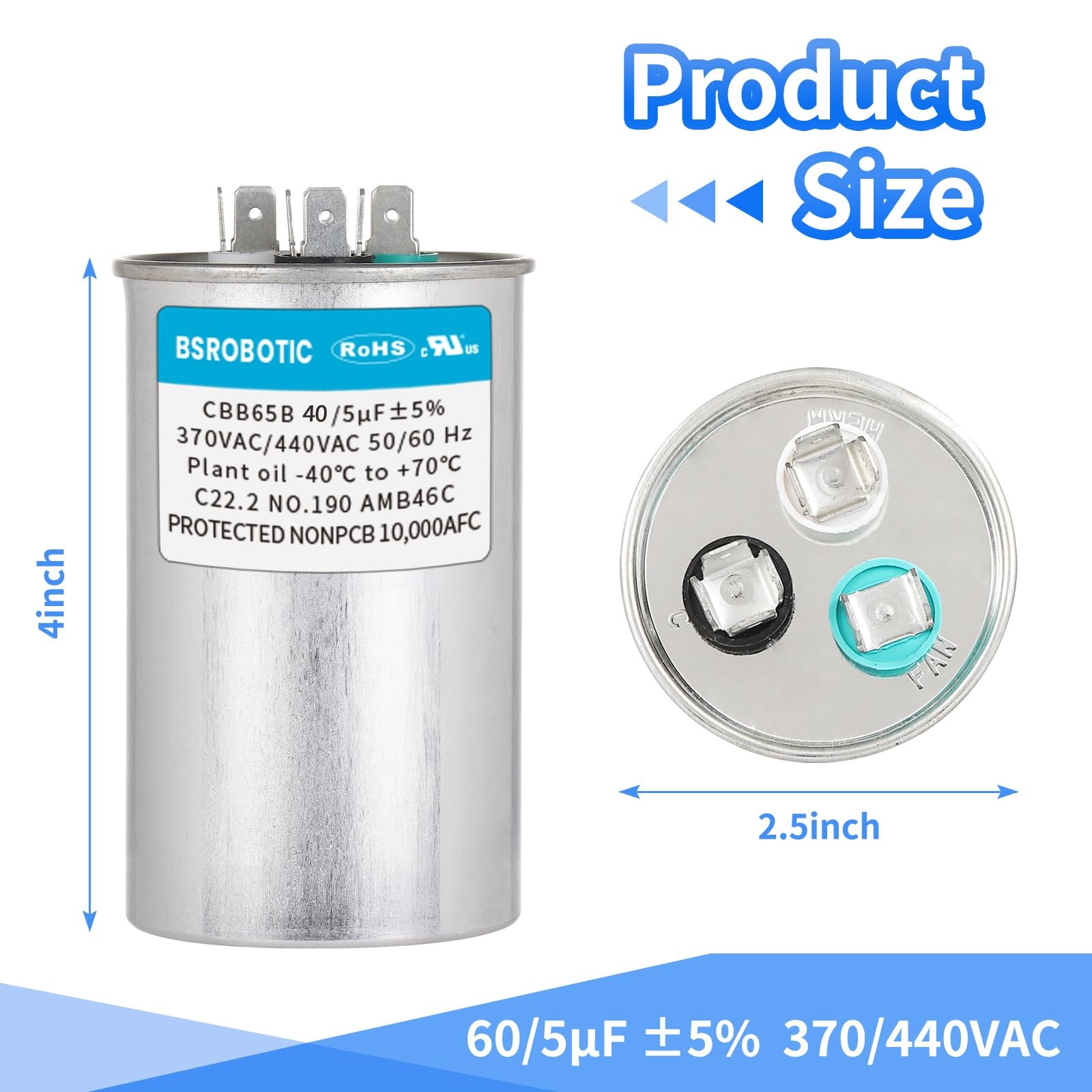 40/5 440v CBB65B AC Capacitor – 40+5 uf ±5% MFD 370/440 Volt Dual Run 40+5uf