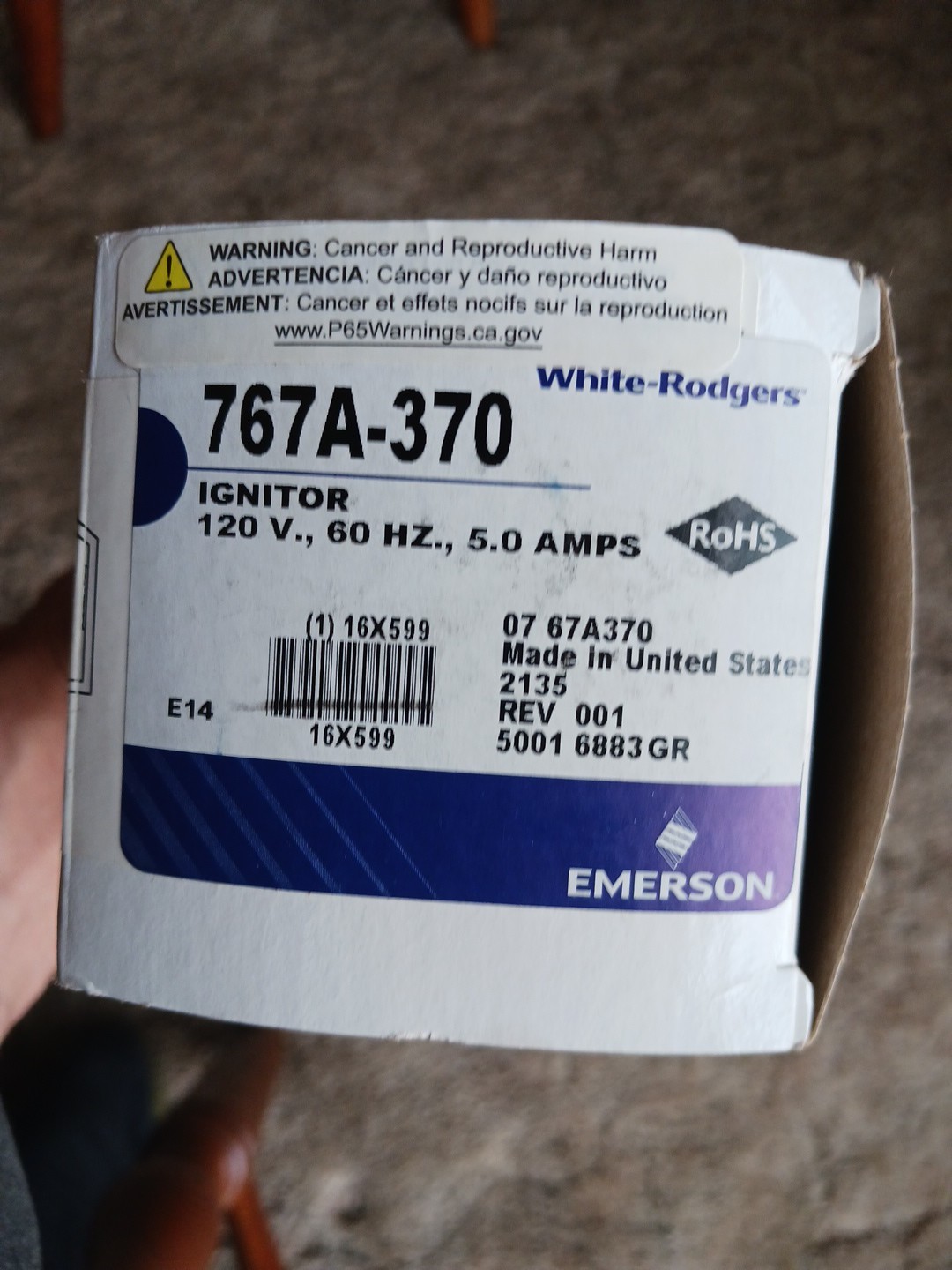 Gas FURNACE IGNITER 767A-370 120V, 60HZ, 5.0 AMPS… NEW IN BOX