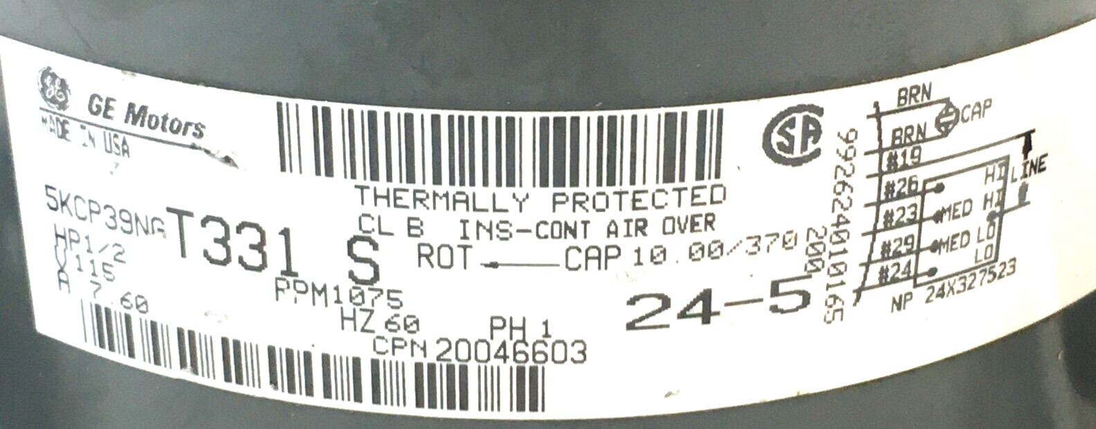 GE 5KCP39NGT331S Blower Motor 1/2HP 115V 1075RPM 20046603 used #CME827