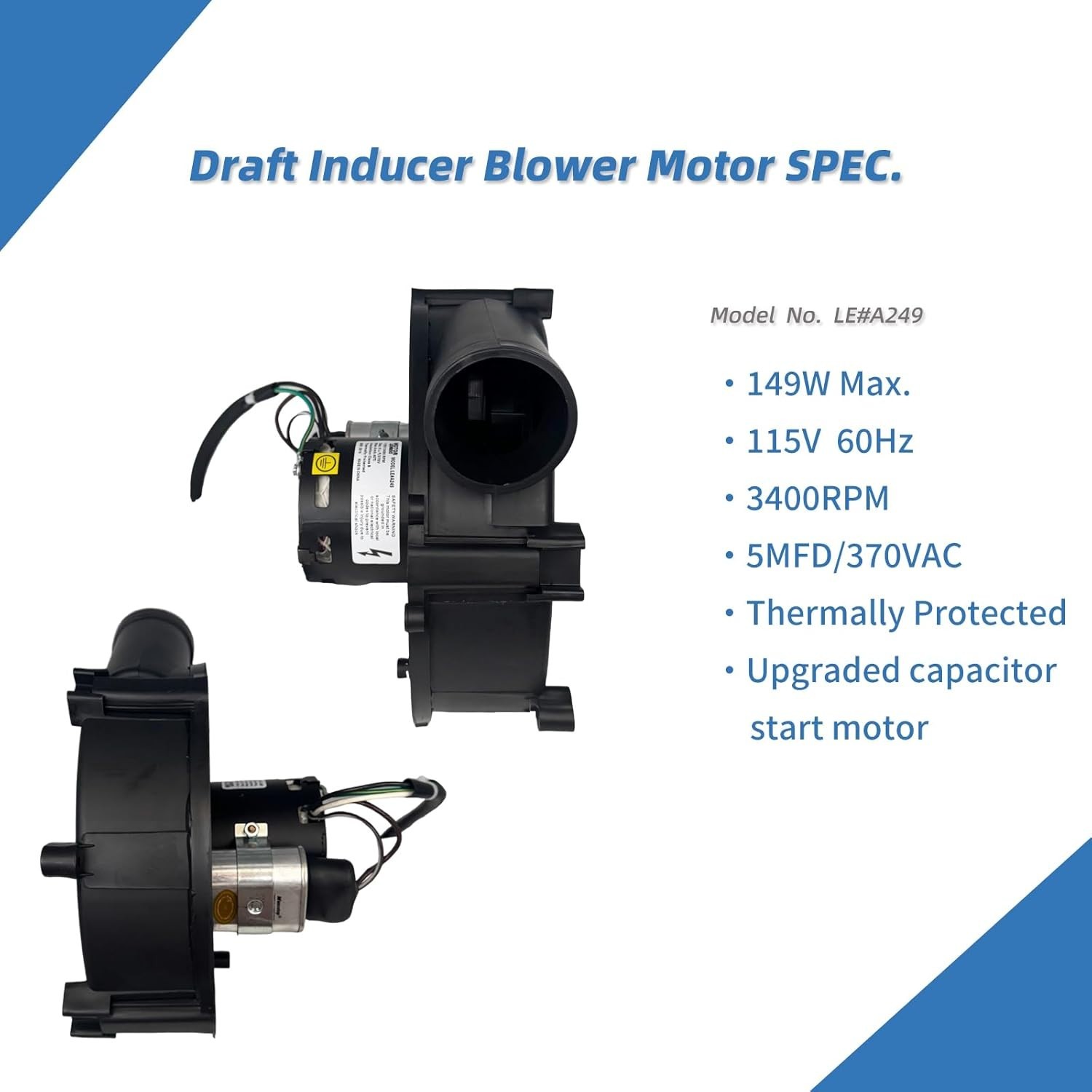 Upgraded A249 Draft Inducer Blower Motor 115V 3400RPM for Lennox Furnace