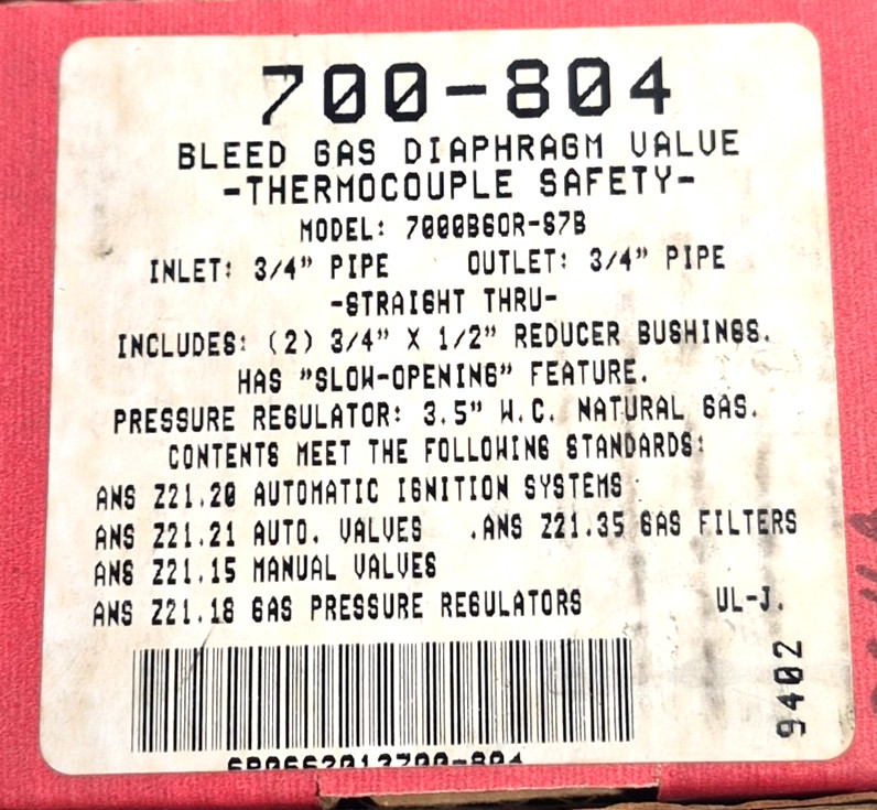 ROBERTSHAW 700-804 Gas Valve, 3/4 in, Natural Gas 6KXF6