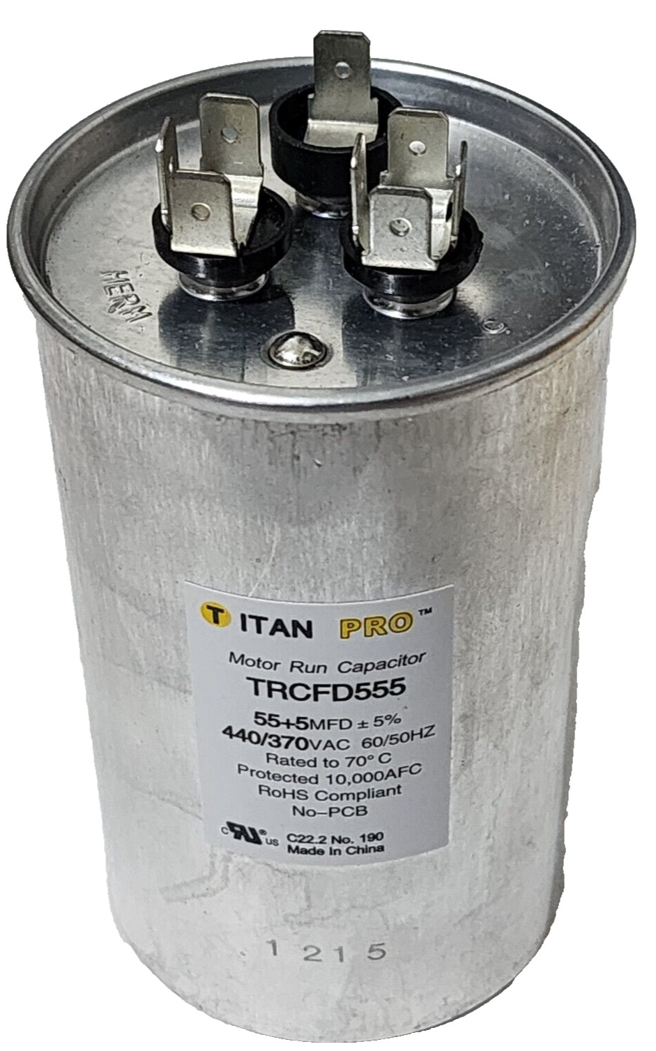 TitanPro TRCFD555 HVAC Round Motor Run Capacitor 55+5 MFD, 440/370Vac