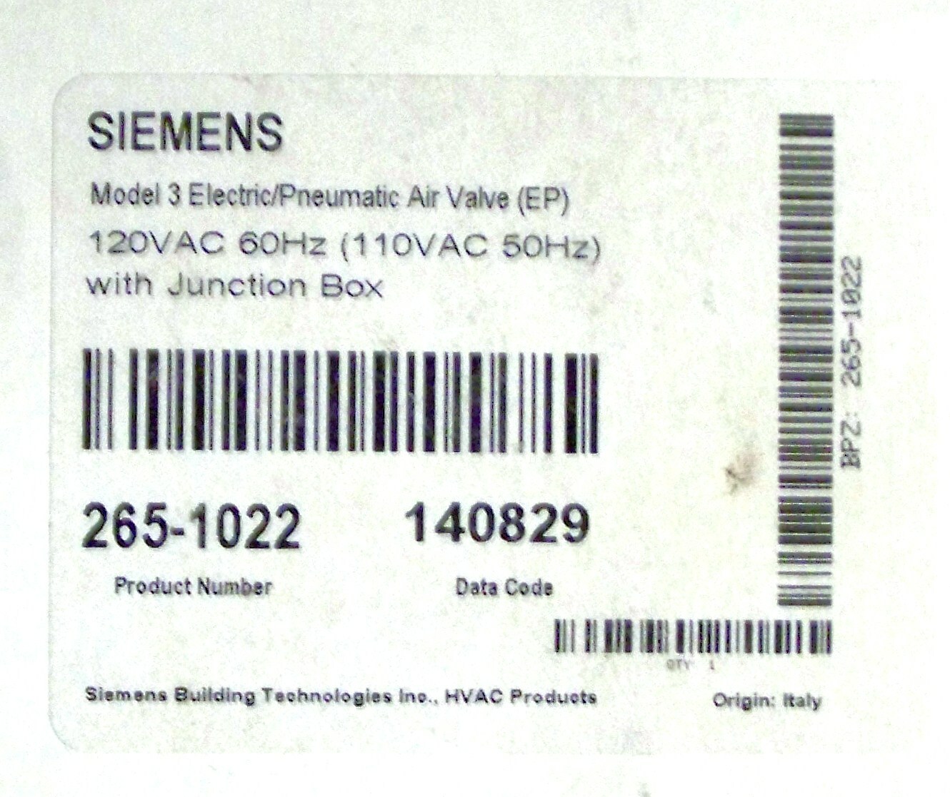 SIEMENS 265-1022 NOS AIR VALVE ELECTRIC / PNEUMATIC 120 V 60HZ 110 V 50HZ W/ BOX