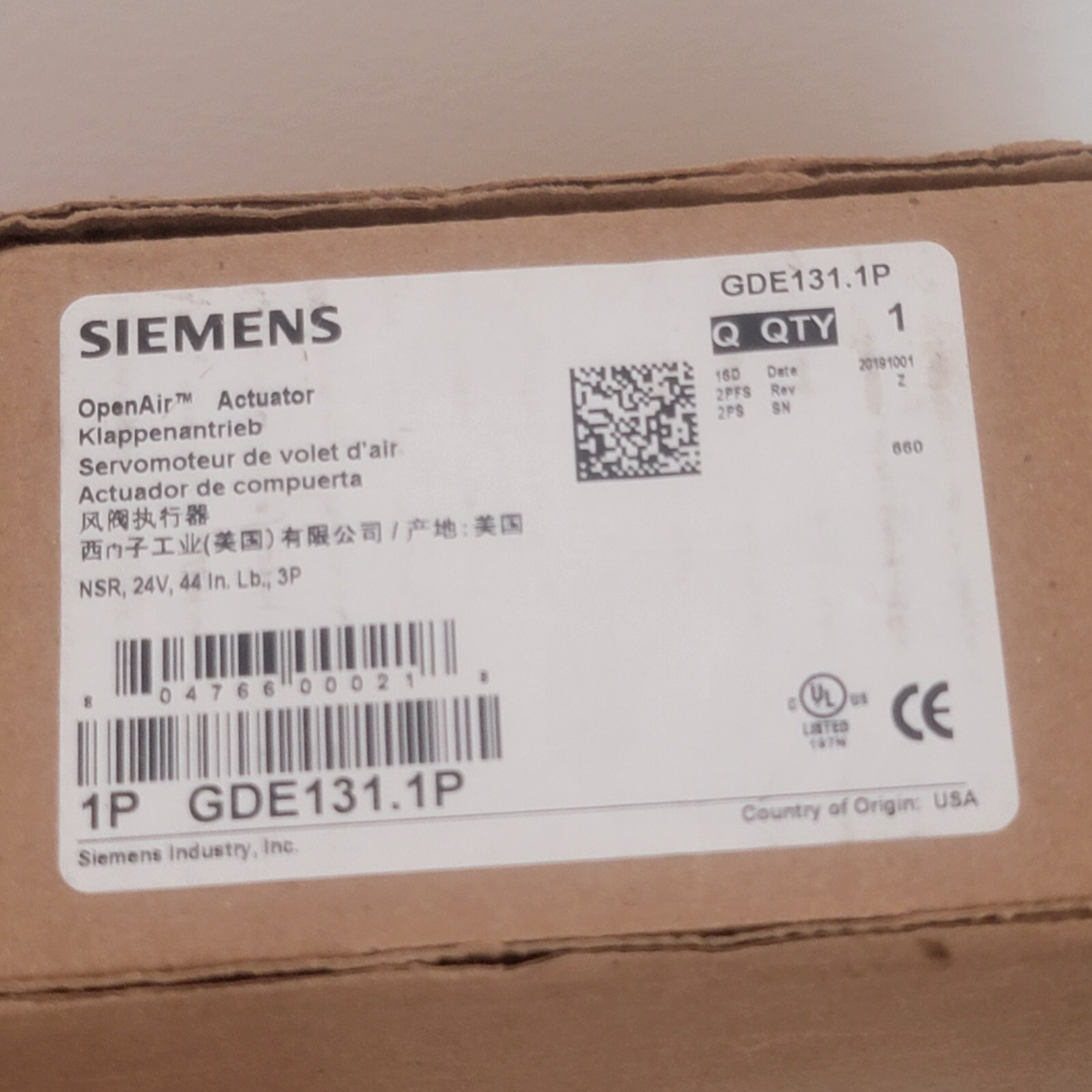SIEMENS GDE131.1P Open Air Electronic Damper Actuator 44″ lb. 3P