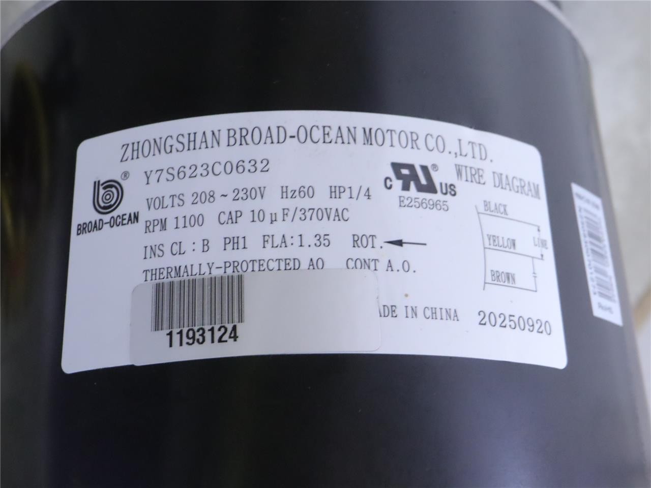 BROAD-OCEAN Y7S623C0632 Condenser Fan Motor 1/4HP 1110RPM 208-230V 20250920