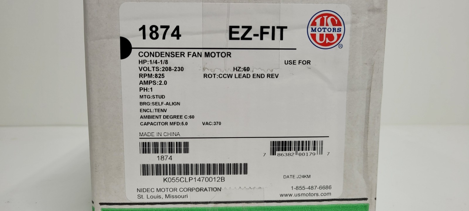US Motors – 1874 – 1/4 HP, 825 RPM, 208-230V, PSC Condenser Fan Motor (TE) NEW