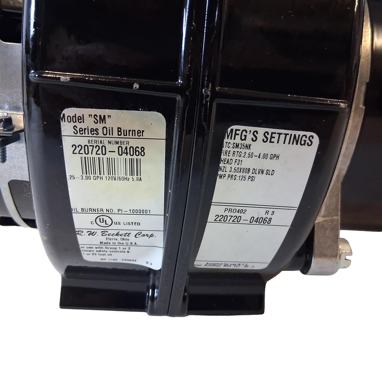 OEM Beckett PRO402 SM Oil Burner Assembly 120VAC Pressure Pro Heating Systems