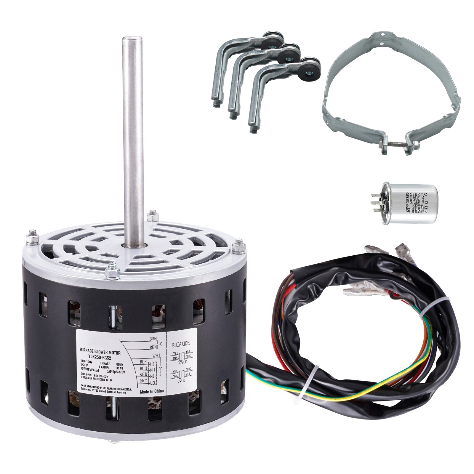 1/3HP Furnace Blower Motor 110-120V 4.4A 1075RPM 4 Speeds 48 Frame 1 Phase