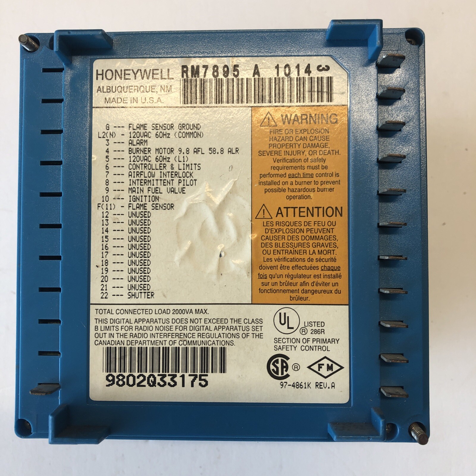 Honeywell Burner Control RM7895 A 1014, For Parts/ Repair