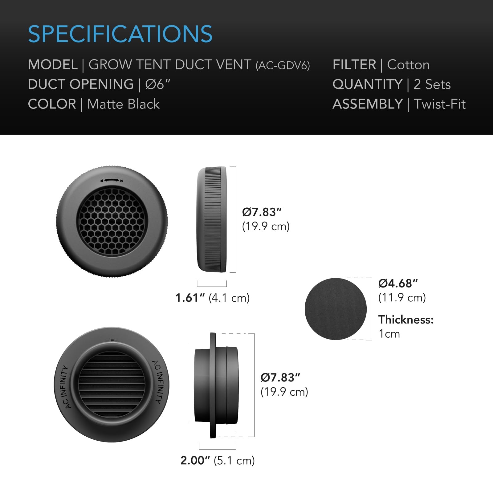 AC Infinity Grow Tent Duct Vent 2 Pack Light-Blocking Twist-On Air Vents Built-i