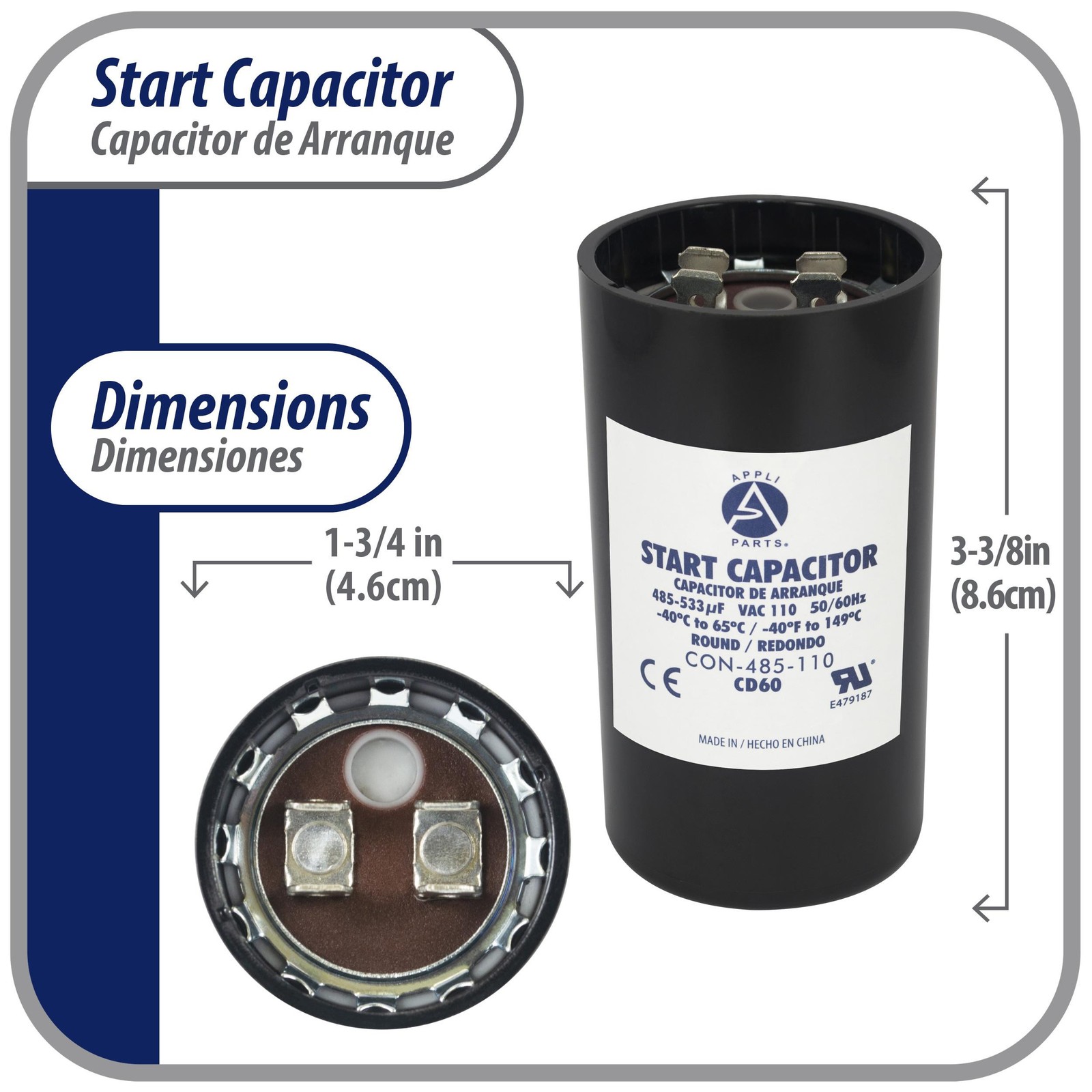 Appli Parts motor start capacitor 485-533 Mfd (microfarads) uF 110-125 VAC unive