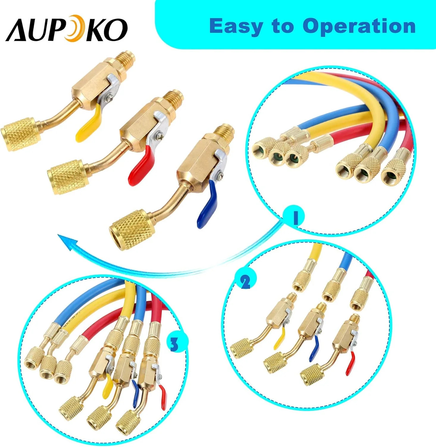 Aupoko AC Refrigerant Charging Hose with Ball Valve, 3-Color 60″ R410A HVAC Hose