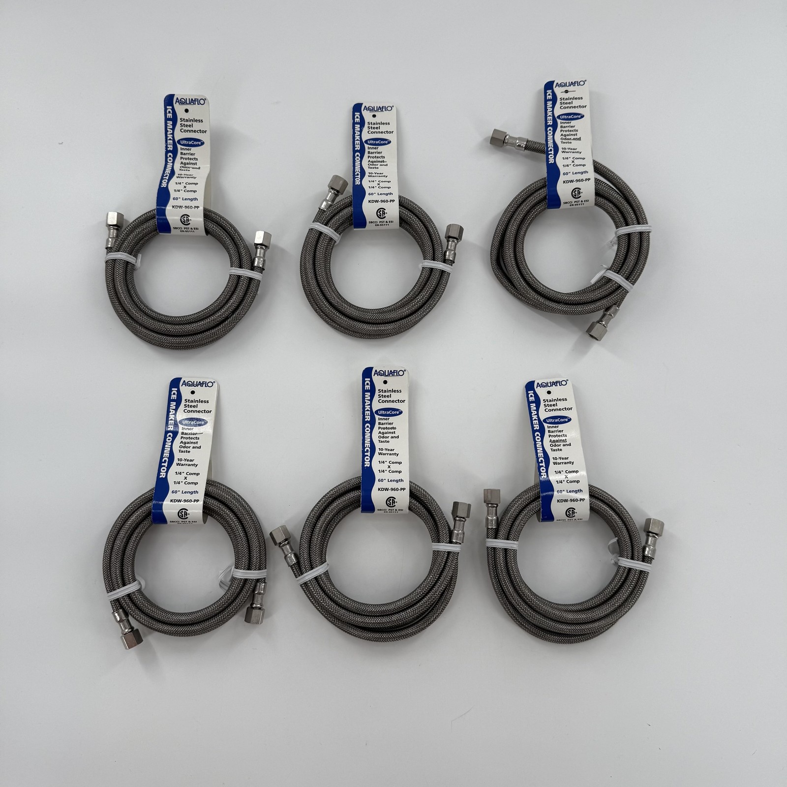 Aquaflo Ice Maker Connector 60″ Stainless Steel 1/4″ x 1/4″ Comp Hose 6 Pack