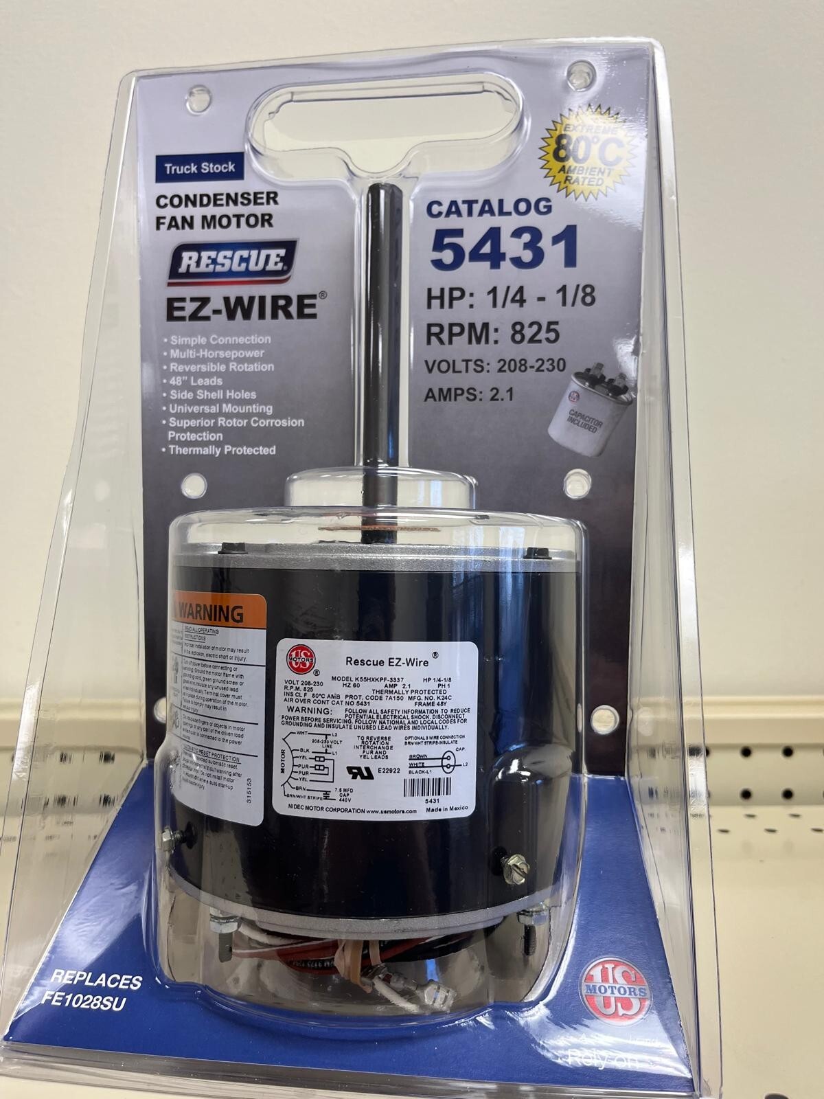US Motors 5431 RESCUE EZ-Wire Condenser Fan Motor, 208-230V, 1/4-1/8 HP, 825 RPM
