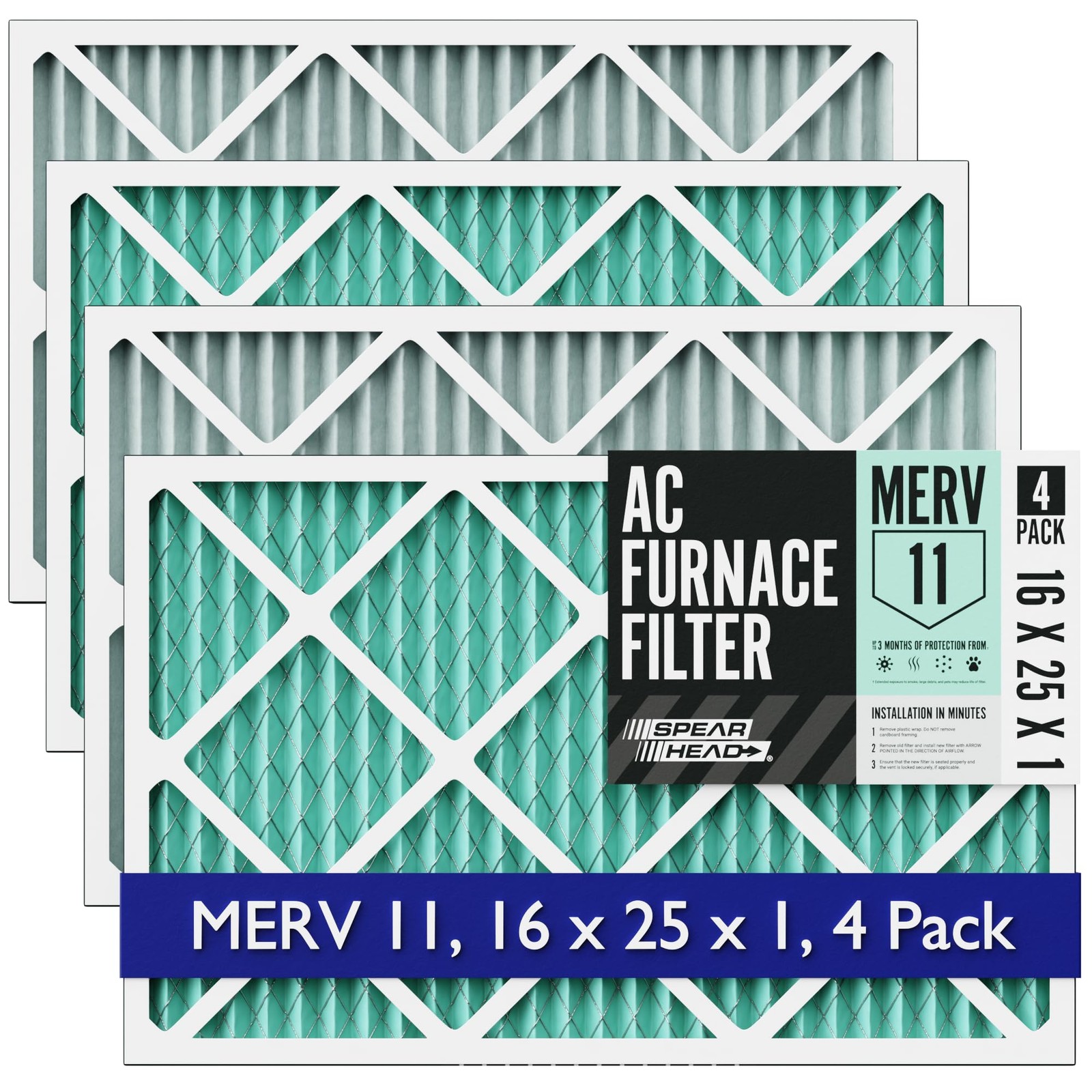 Spearhead [16x25x1, 4-PK] MERV 11+ EPA-Registered Odor 15.5″ x 24.5″ x 0.8″