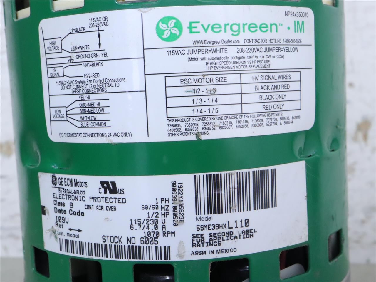 GE 5SME39HXL110 ECM Blower Motor 1/2HP 1PH 115-230V 6005 Evergreen IM GX03