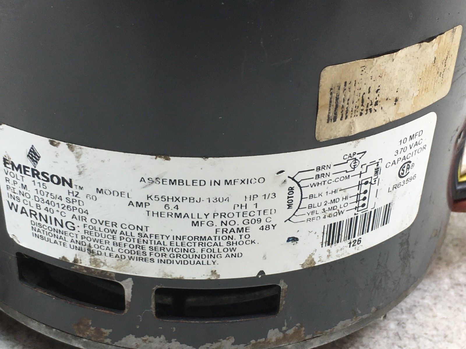 EMERSON K55HXPBJ-1304 Blower Motor 115V 1075RPM 1/3HP 4SP D340126P04 used CMP264