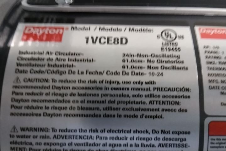 Dayton 1VCE8 1/3 HP 115VAC 24 In Blade Diameter Standard-Duty Industrial Fan