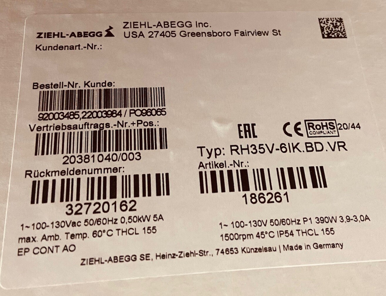 4 Units Ziehl-Abegg RH35V-6IK.BD.VR EC 110V or 240 VAC, Centrifugal Fan, Germany