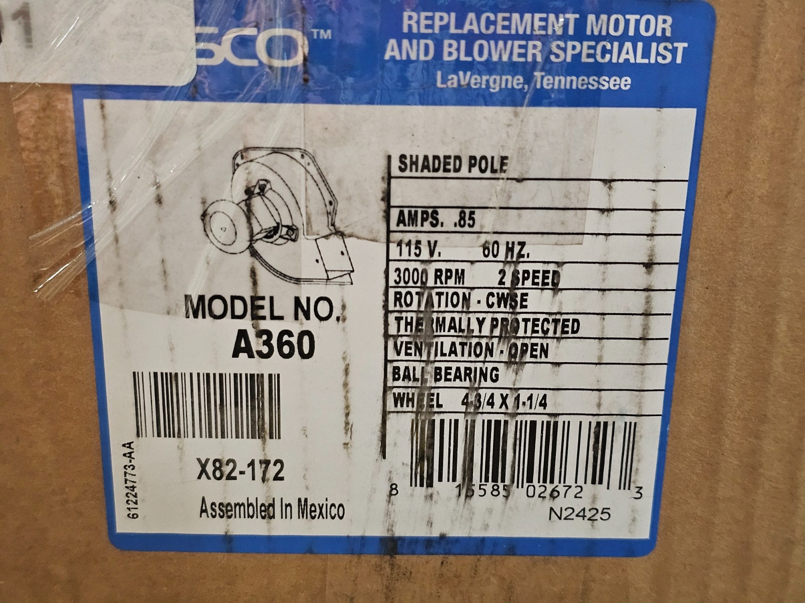 Fasco A360 2-Speed 2700 RPM 1/25 HP CW Shaded Pole Draft Inducer Motor