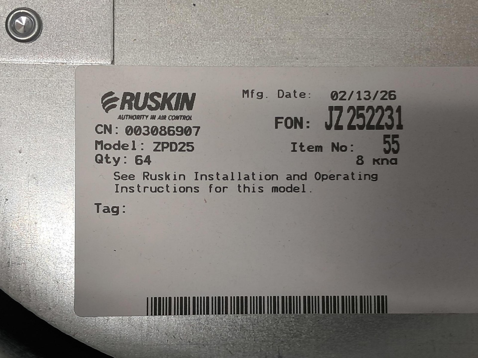 Ruskin – ZPD25 – 8″ Zone Pulse Fire Damper True Round w/Cable – NEW