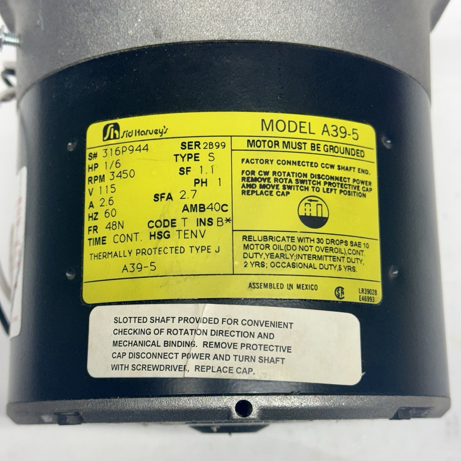 Sid Harvey’s A39-5 Oil Burner Motor 316P 944 1/6 HP 3450 RPM 115V **SALE**