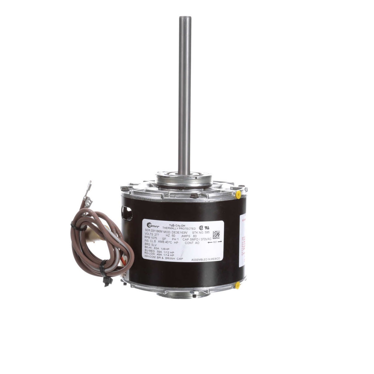 CENTURY 595A HVAC MOTOR, 277V AC, 1-PHASE, 3 SPEED, 1,075 RPM, 833KX4, NEW!
