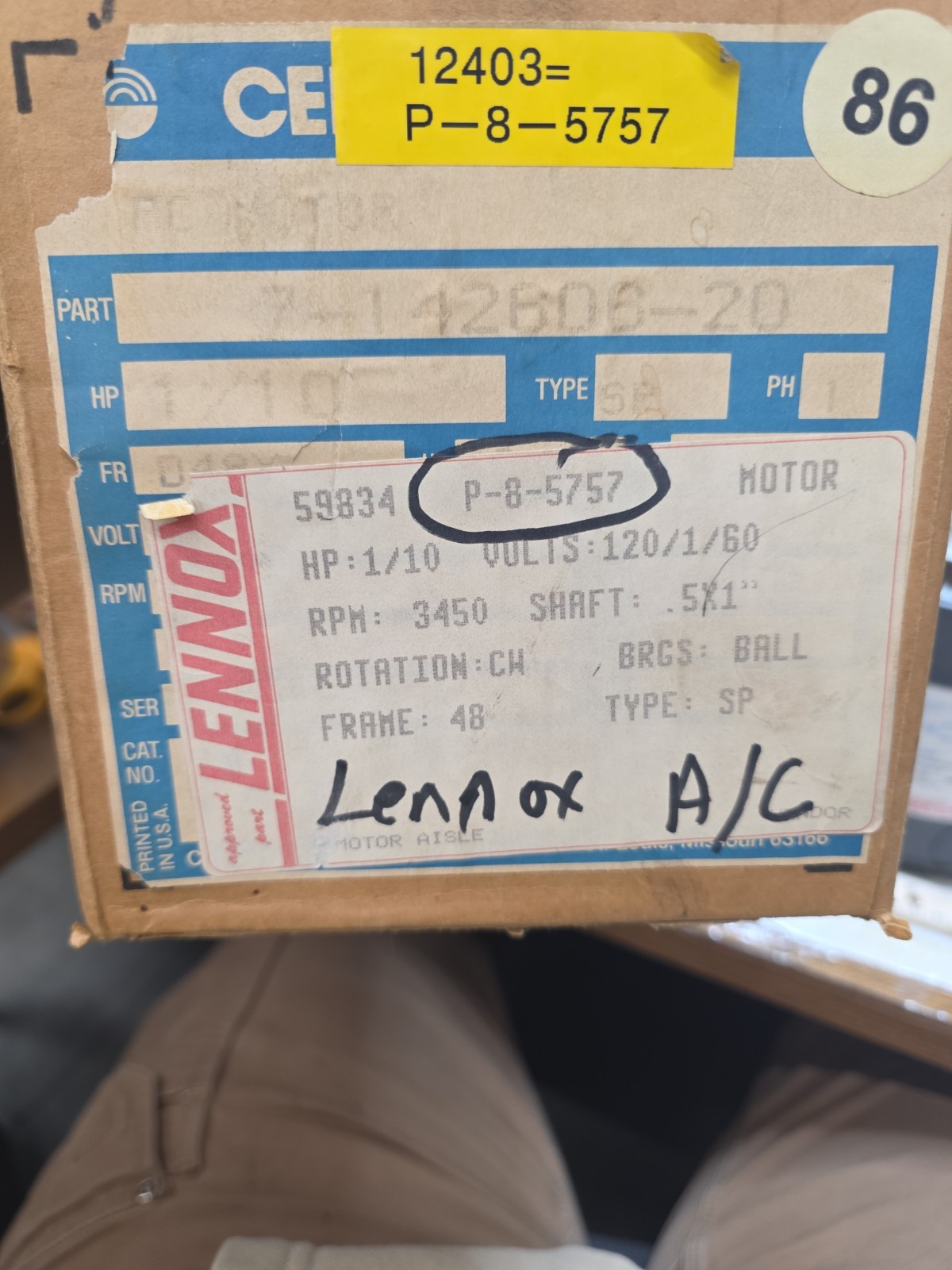 Century Motor – 7-142606-20 / P8-5757 – 1/10 HP, 3450 RPM, 115 V2.8 AMP – NOS