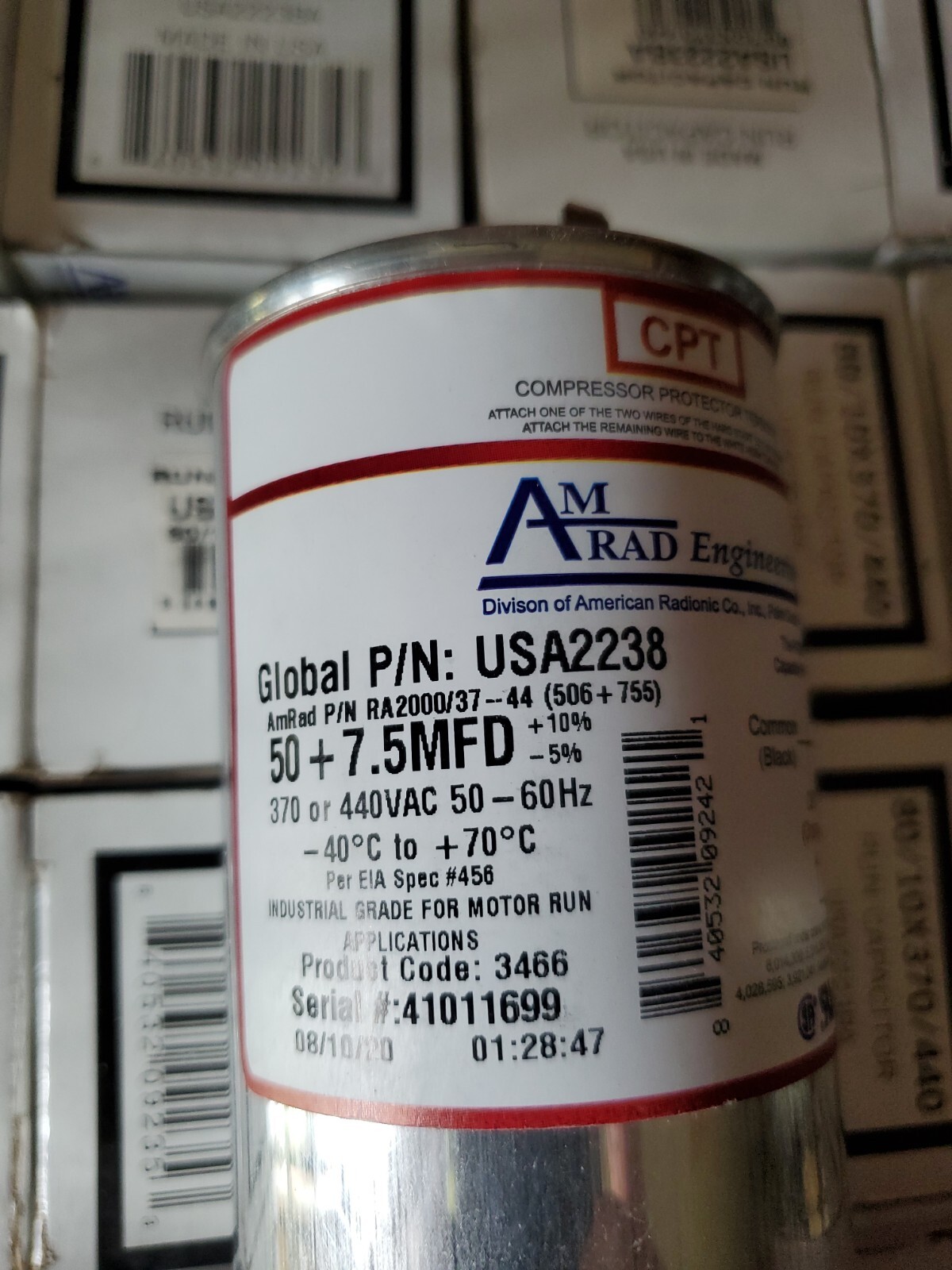 AmRad USA2238 Round Run Capacitor 50+7.5 uF MFD 370 / 440 Volt Made in USA