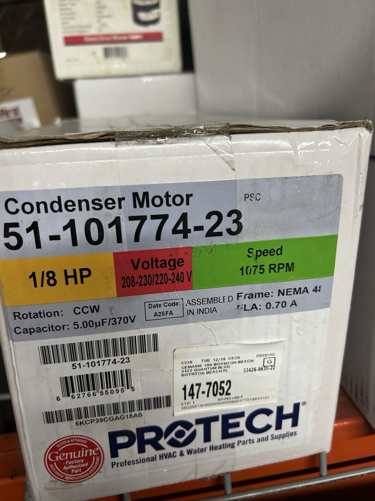 PROTECH / Rheem Condenser Motor 51-101774-23 1/8 HP 208-230/240V 147-7052