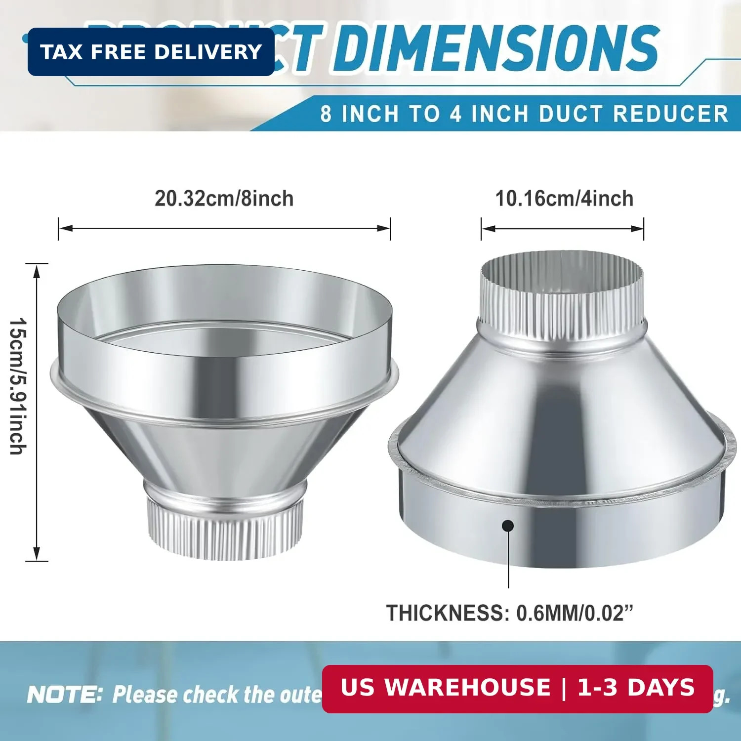 8 Inch to 4 Inch Duct Reducer Increaser Galvanized Steel Air Duct Adapter Round