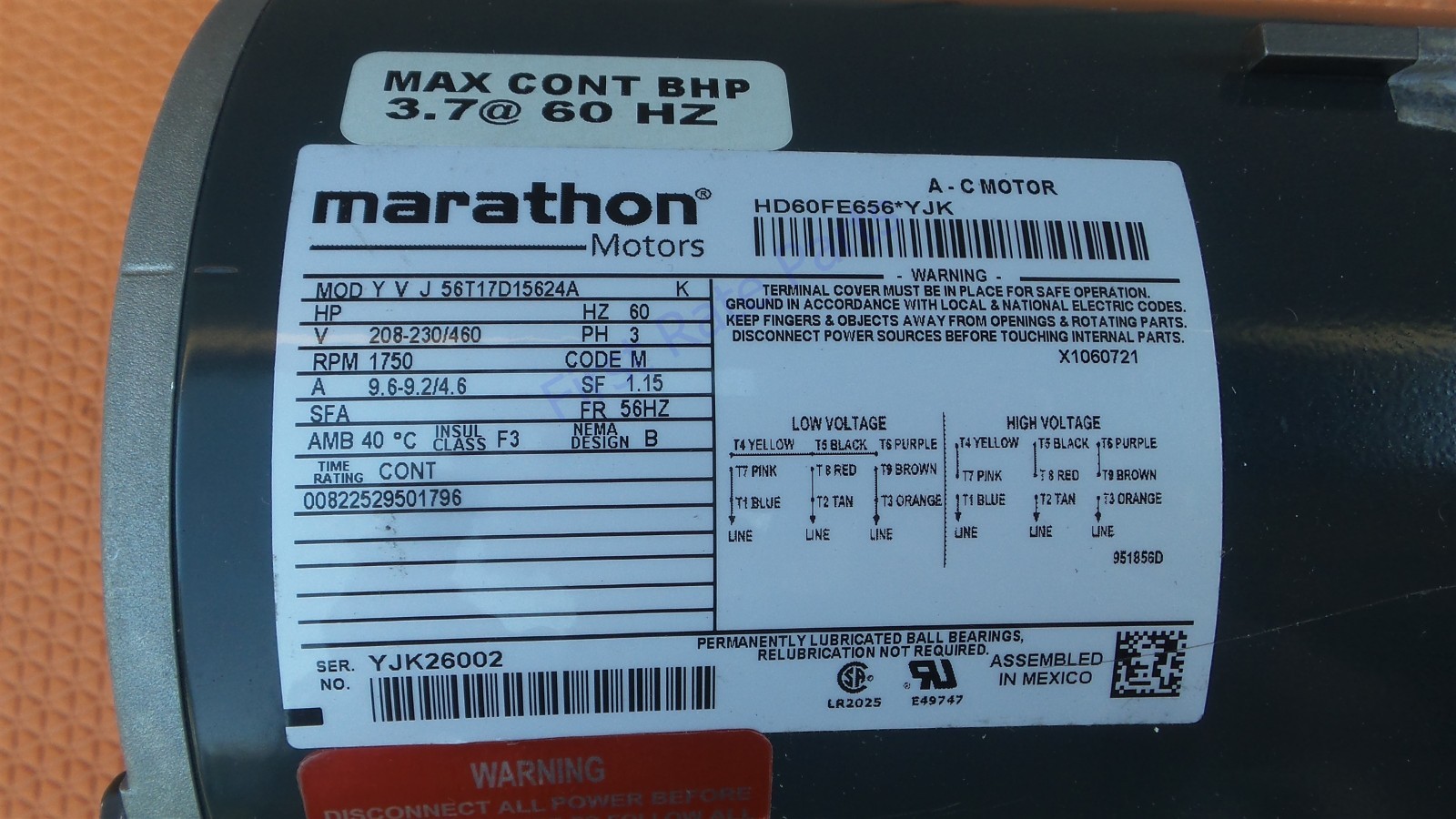 Carrier HD60FE656 Blower Motor 56T17D15624A Marathon Motors 3.7HP 230V 460V NEW