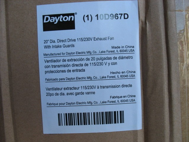 Dayton Exhaust Fan, Direct Drive 20″ blade, 115/230V 10D967 10D967D see descript