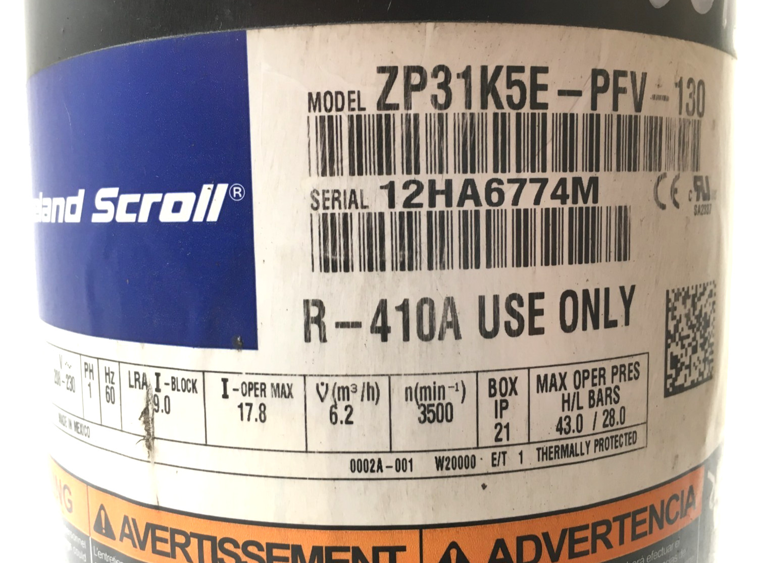 Copeland 2.5 Ton Scroll Compressor ZP31K5E-PFV-130 R410A 208/230V 1 PH used C273