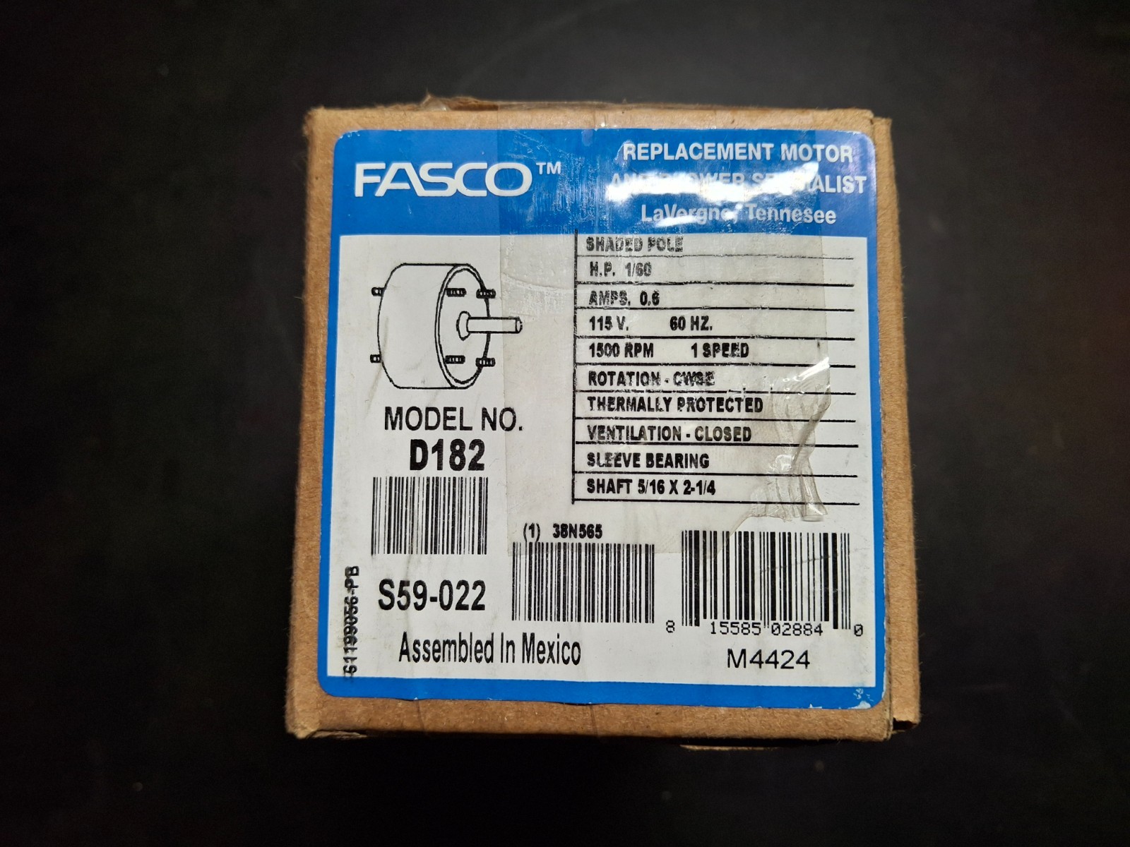 Fasco #D182 Fan & Blower Motor 1/60HP 115V .6A CWSE Closed Vent