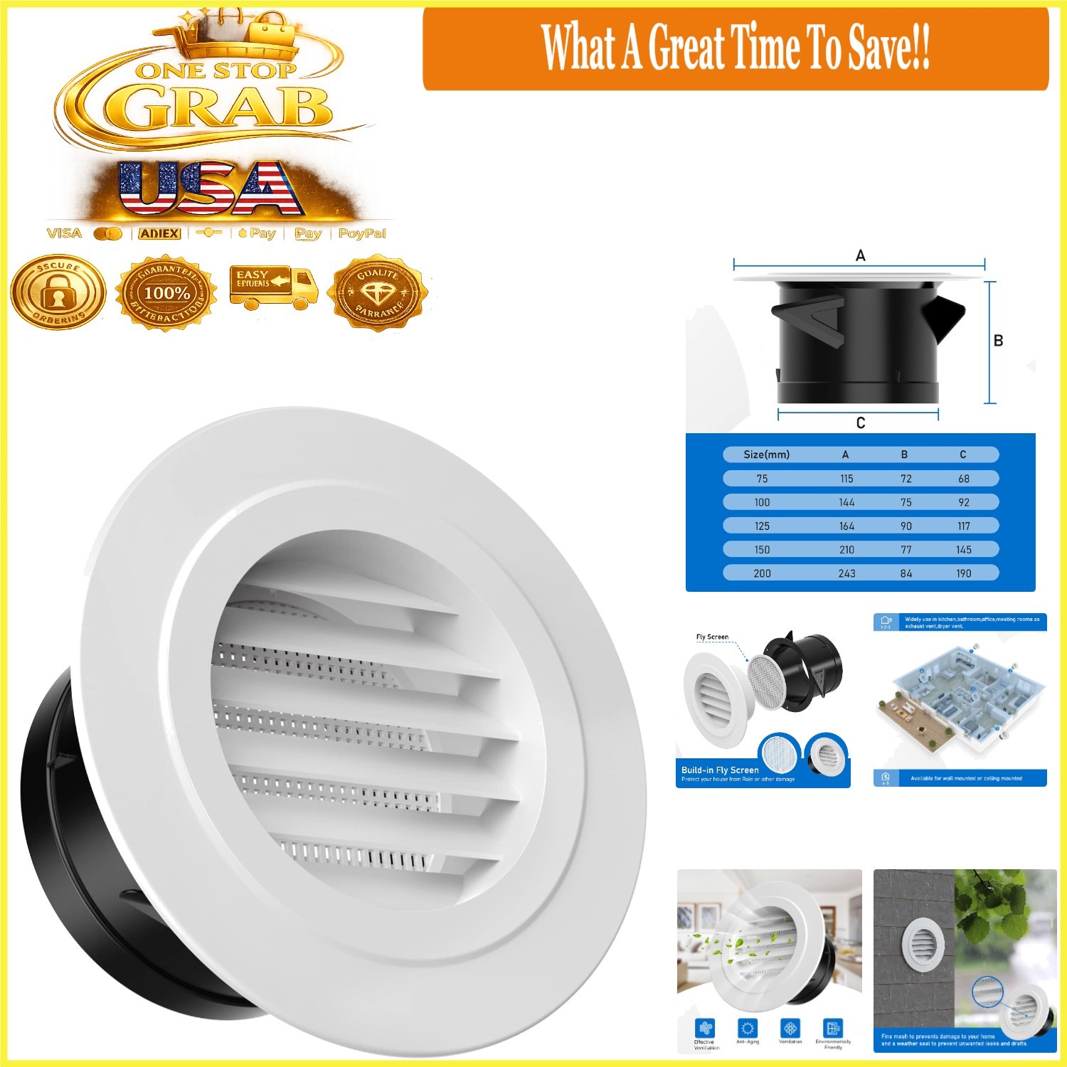 White 4 Inch Round Soffit Vent Cover with Fly Screen for Bathroom Kitchen Office