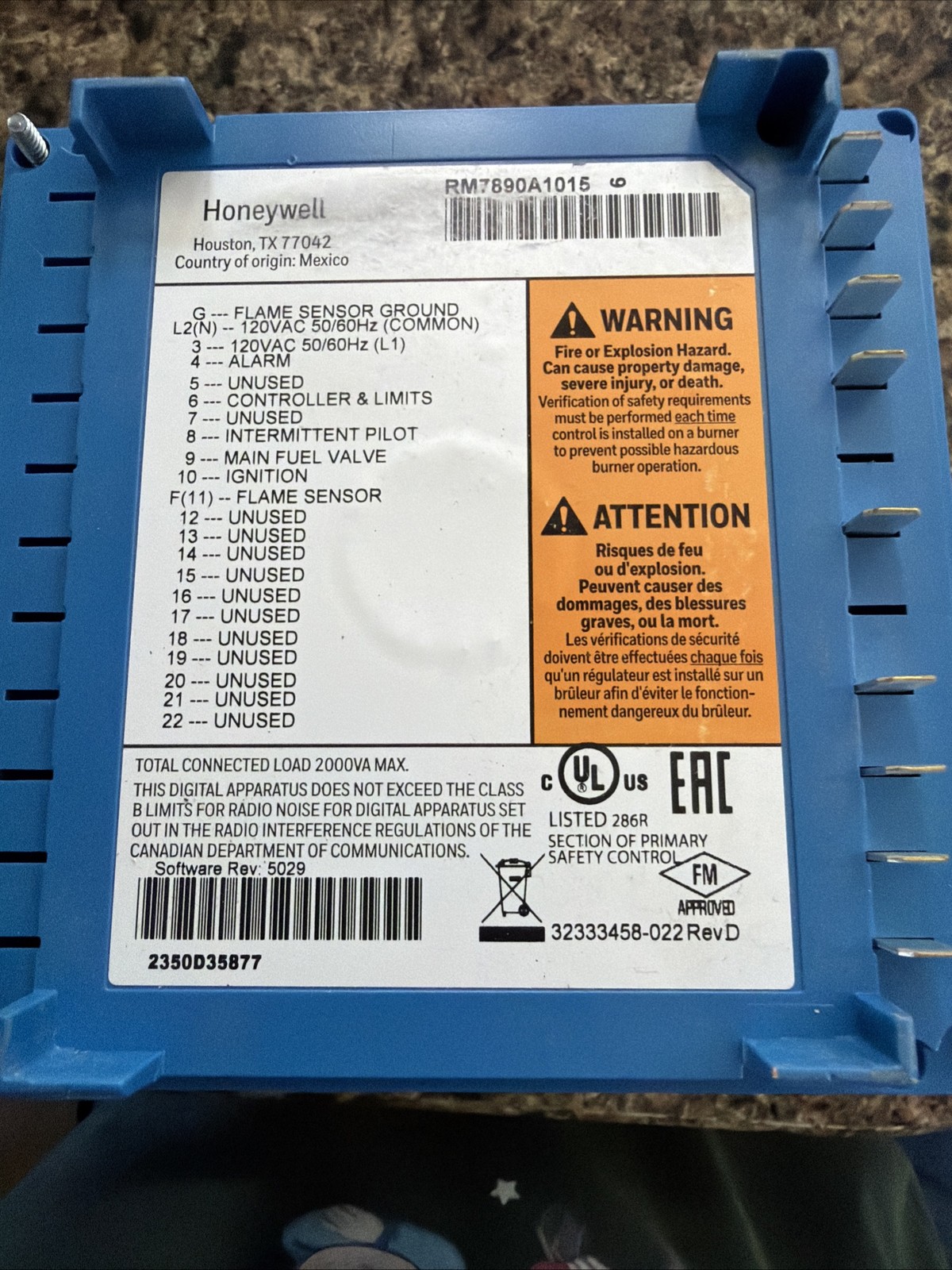 HONEYWELL,RM7890A1015 Flame Safeguard
