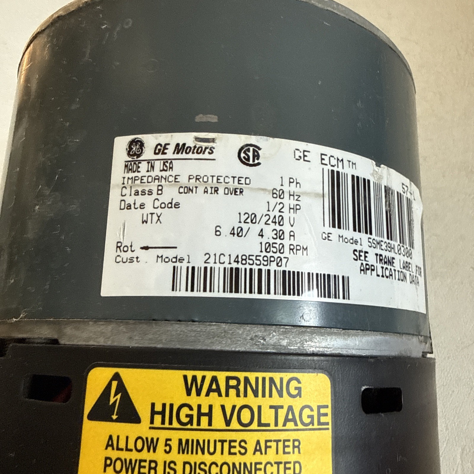 GE Motors 5SME39HL0300 OEM 1/2hp 200/230 V CCW Rotation Motor D341314P02