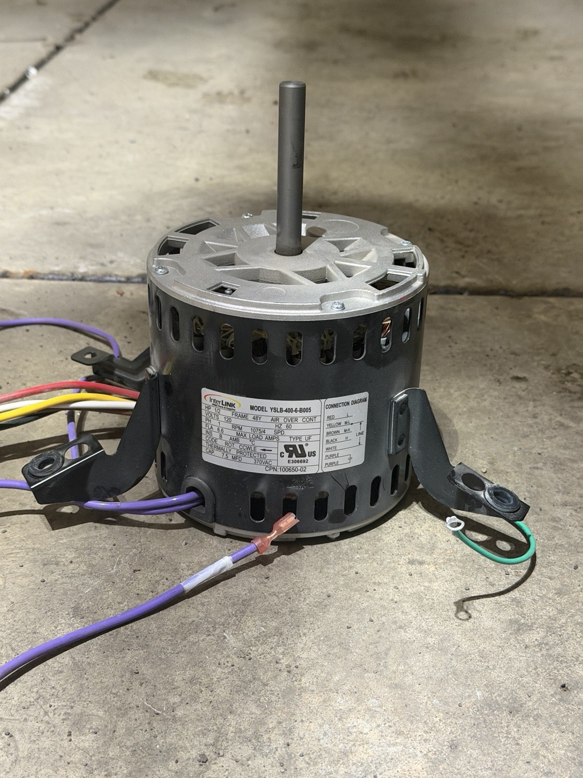 Interlink Furnace Blower Motor YSLB-400-6-B005 1075RPM 120V OEM Tested
