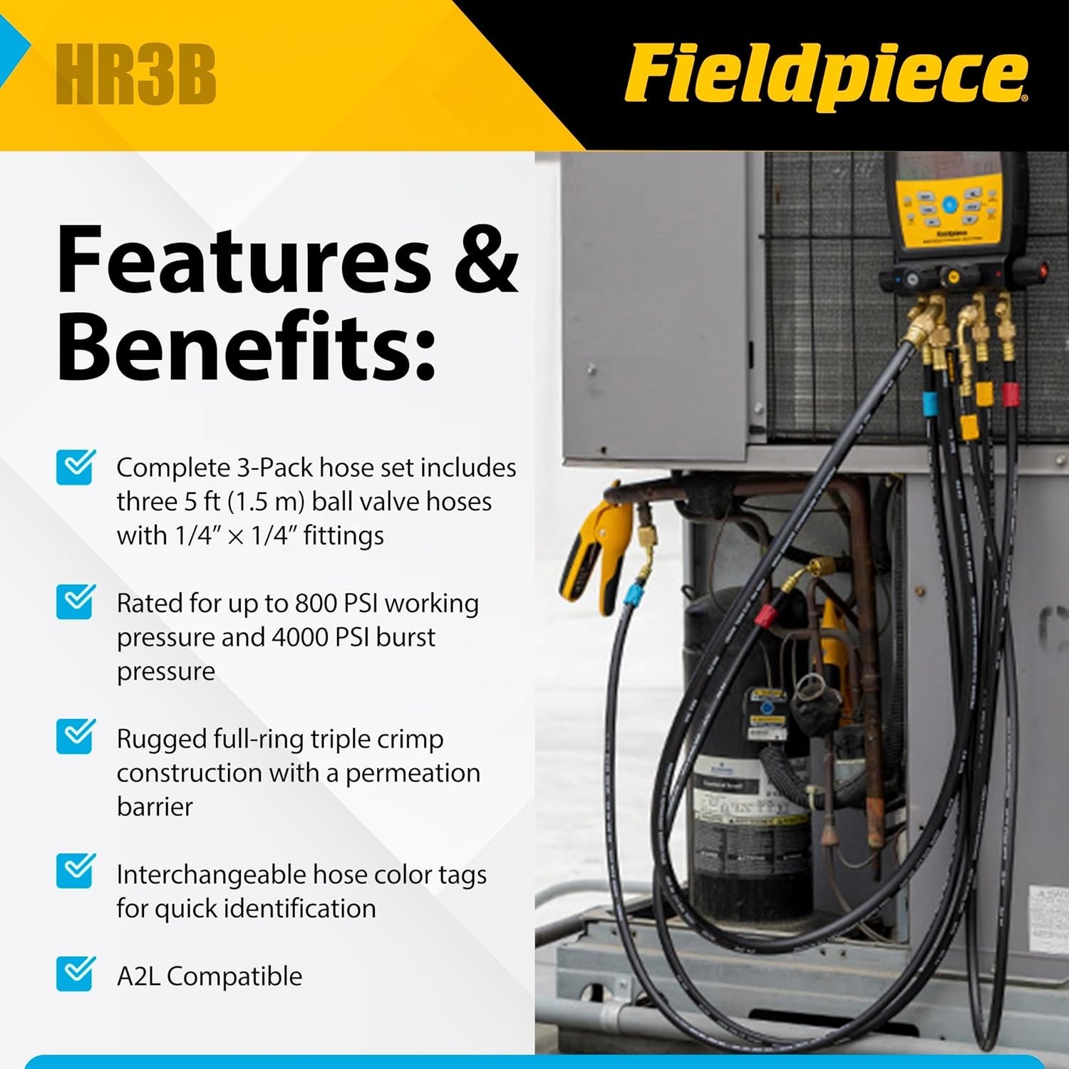 HR3B – ¼” Ball Valve Hose Set – 5 ft Refrigerant Charging & Recovery Hoses – …