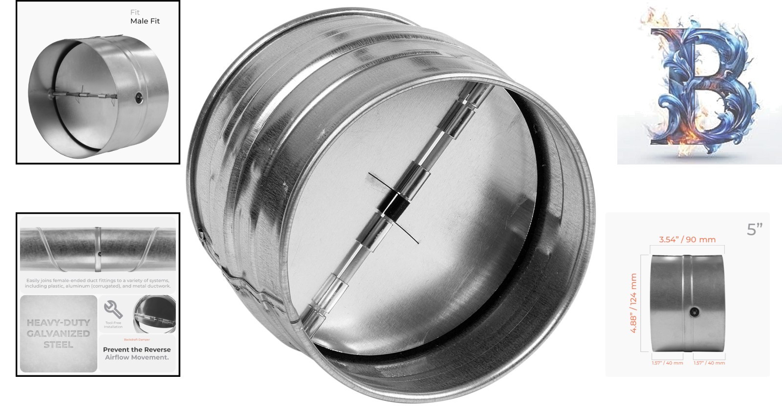 Durable 5 Inch Galvanized Steel Backdraft Damper for HVAC Ventilation Systems