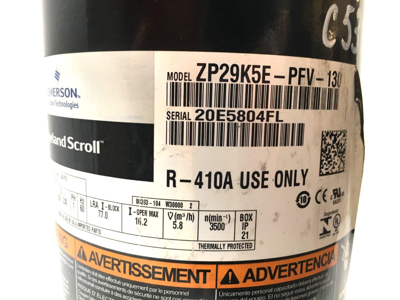 Copeland 2.5 Ton Scroll Compressor ZP29K5E-PFV-130 R410A 208/230V 1 PH used C536