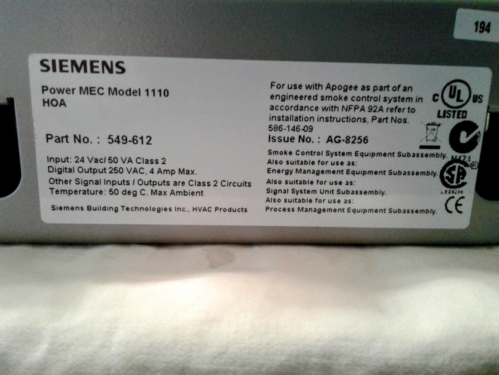 Siemens Apogee Mechanical Equipment Controller MEC Series 1110 HOA 549-612 USED
