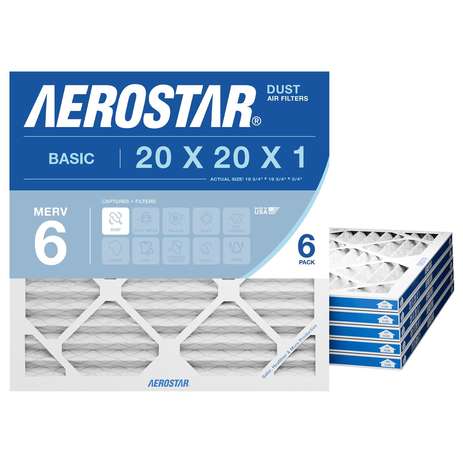Aerostar 20x20x1 MERV 6 Air Filter, 6 Count, Actual Size (19.75 6 PACK, White