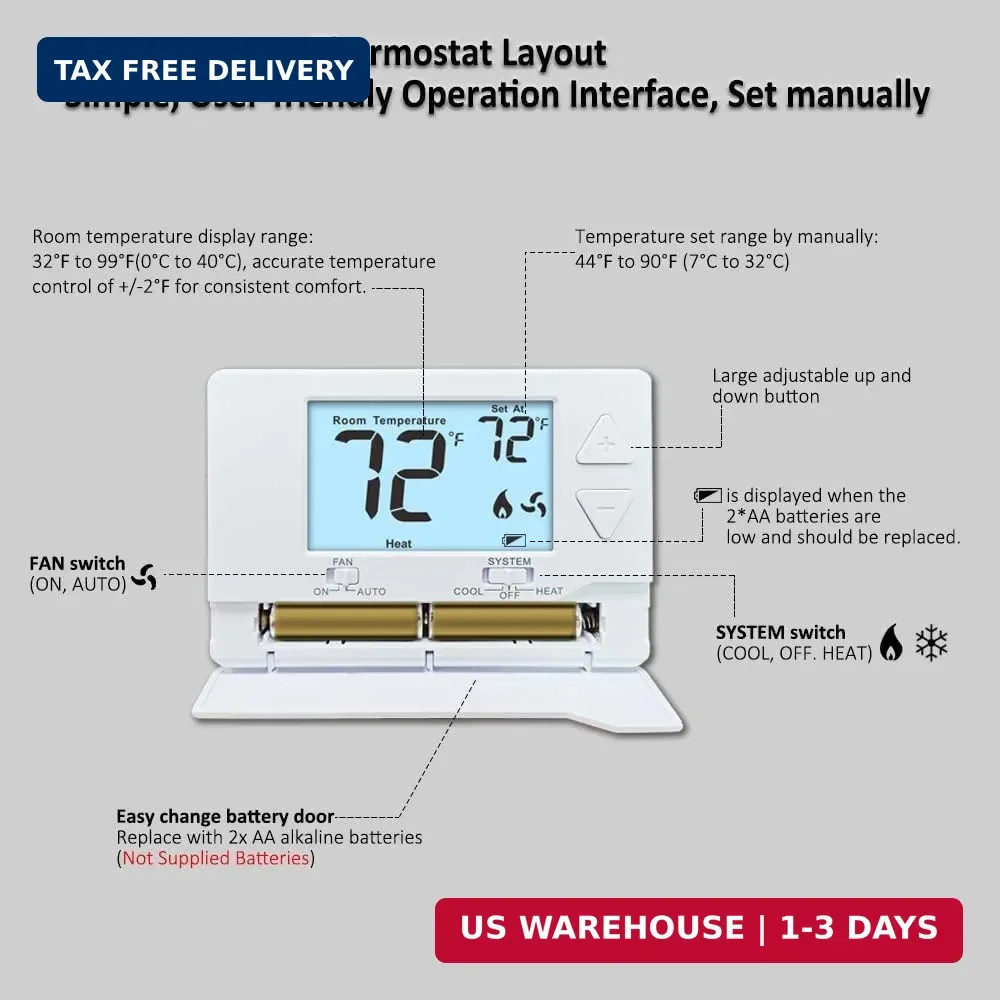 Thermostat for Home Non-Programmable Single-Stage Systems,1 Heat / 1 Cool,Easy D