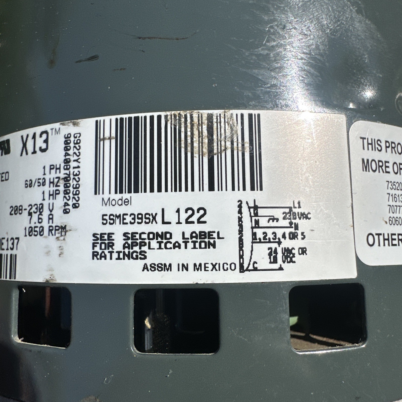 Genteq X13 1HP ECM Blower Motor 5SME39SXL122 HD52AE137 200-230V 1050RPM