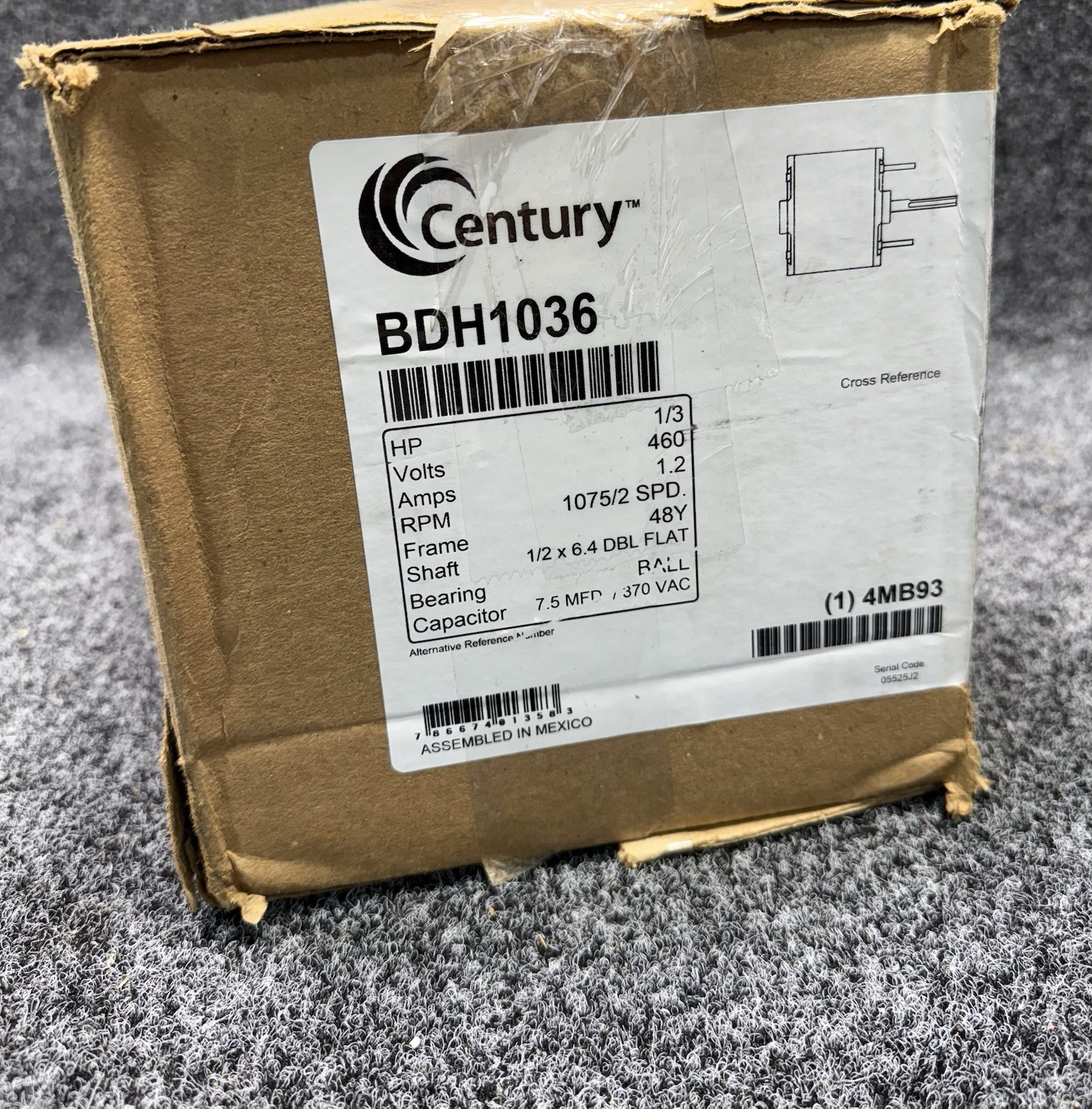 CENTURY BDH1036 Condenser Fan Motor, 1/3 HP, 460V AC, 1 Phase F48U68A01