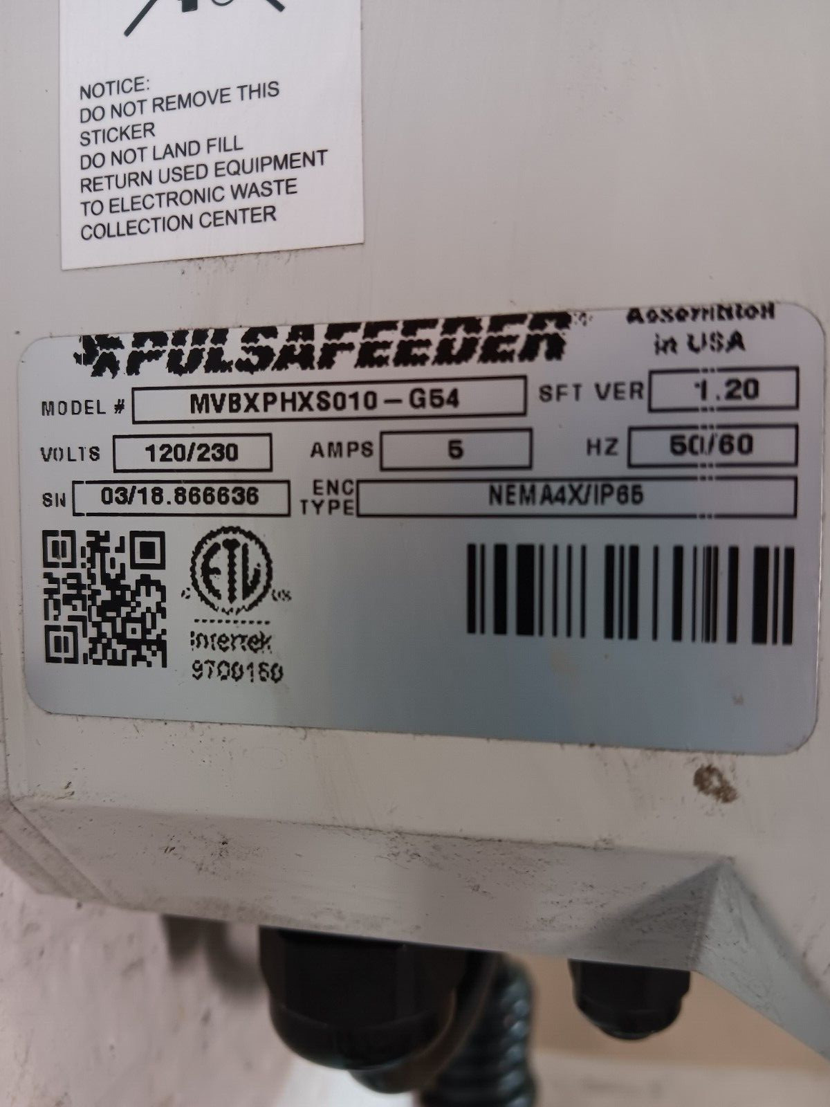 PULSAFEEDER MVBXPHXS010-G64 MICROVISION BOILER CONTROL 120/230V 5 AMP 4X/IP65