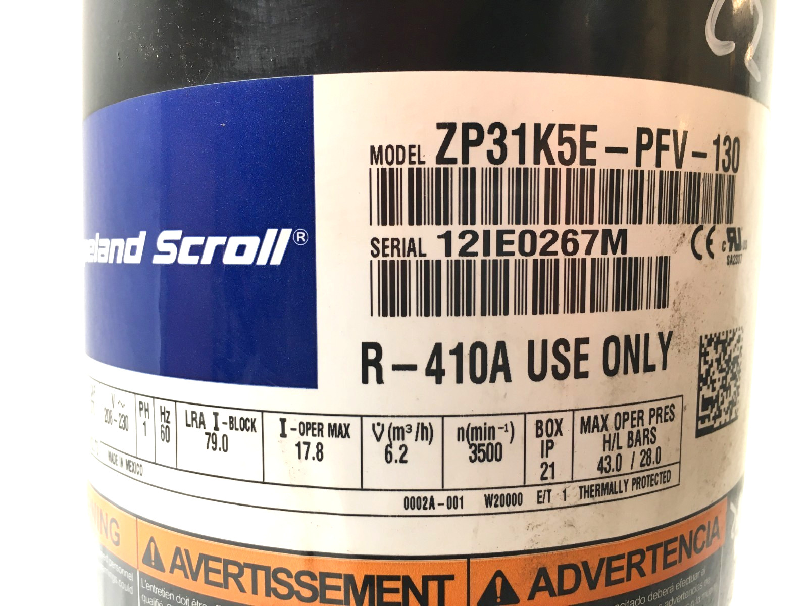 Copeland 2.5 Ton Scroll Compressor ZP31K5E-PFV-130 R410A 208/230V 1 PH used C2