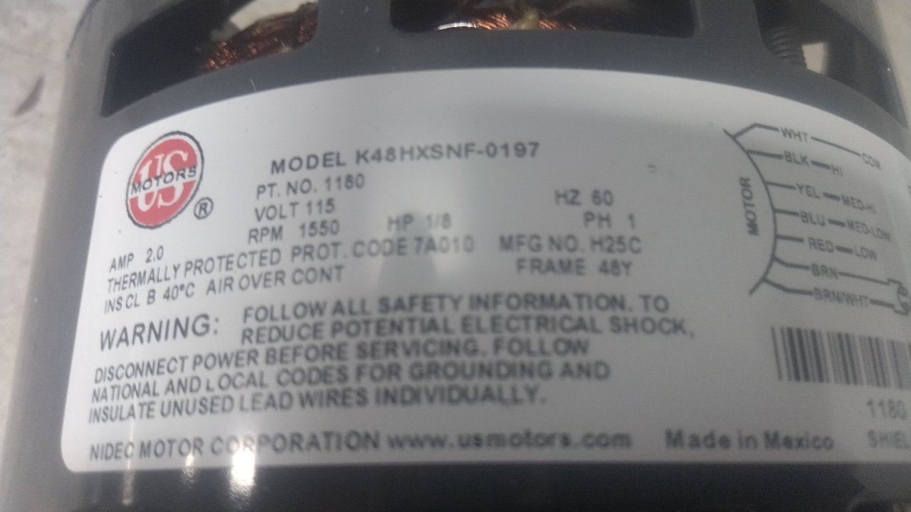 U.S. Motors 1180 1/8 HP 1550 RPM 115V Brushless Blower Motor